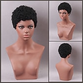 voordelige Kaploze pruiken van echt haar-Menselijk haarmengsel Pruik Afro krullend Pixie-kapsel Machinegemaakt Zwart Licht Bruin Donkere wijn Dagelijks