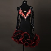 olcso Latin tánc ruházat-tánc salsa latin tánc ruha kristályok / strassz női edzés előadás hosszú ujjú spandex organza