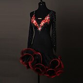 olcso Latin tánc ruházat-tánc salsa latin tánc ruha kristályok / strassz női edzés előadás hosszú ujjú spandex organza