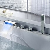 preiswerte Badewannenarmaturen-Badewannenarmatur im modernen Stil, LED-Chrom-Römische Wanne Messingventil Drei Griffe Fünf-Loch-Wasserfall-Badewannen-Dusche-Mischbatterien mit Heiß- und Kaltschalter