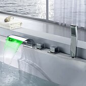preiswerte Badewannenarmaturen-Badewannenarmatur im modernen Stil, LED-Chrom-Römische Wanne Messingventil Drei Griffe Fünf-Loch-Wasserfall-Badewannen-Dusche-Mischbatterien mit Heiß- und Kaltschalter