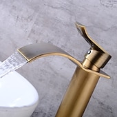 abordables Classiques-robinet de lavabo de salle de bain en cuivre antique, robinets de bain à un trou à poignée unique en cascade dorée avec interrupteur d&#039;eau chaude et froide