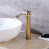 abordables Classiques-robinet de lavabo de salle de bain en cuivre antique, robinets de bain à un trou à poignée unique en cascade dorée avec interrupteur d&#039;eau chaude et froide
