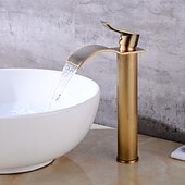 abordables Classiques-robinet de lavabo de salle de bain en cuivre antique, robinets de bain à un trou à poignée unique en cascade dorée avec interrupteur d&#039;eau chaude et froide