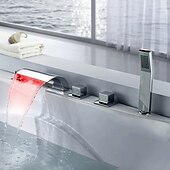 preiswerte Badewannenarmaturen-Badewannenarmatur im modernen Stil, LED-Chrom-Römische Wanne Messingventil Drei Griffe Fünf-Loch-Wasserfall-Badewannen-Dusche-Mischbatterien mit Heiß- und Kaltschalter