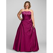 cheap Plus Size Dresses-Ball Gown Plus Size Dress Prom Formal Evening Floor Length Sleeveless Strapless Taffeta with Beading Appliques 2024