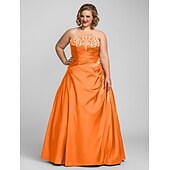 cheap Plus Size Dresses-Ball Gown Plus Size Dress Prom Formal Evening Floor Length Sleeveless Strapless Taffeta with Beading Appliques 2024