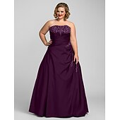 cheap Plus Size Dresses-Ball Gown Plus Size Dress Prom Formal Evening Floor Length Sleeveless Strapless Taffeta with Beading Appliques 2024