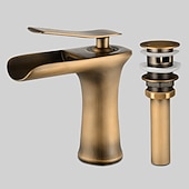 halpa Klassinen-antiikkipronssi messinkihanasarja, vesiputous antiikkipronssikannelle asennettu yksikahvainen yksireikäinen kylpyhana kuuma- ja kylmäkytkimellä ja viemärillä