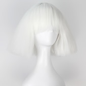 baratos Perucas de festa-Peruca de Cosplay Peruca Sintética Peruca de Cosplay Lisa Cacheada Yaki Bob com Franjas Peruca Curta Branco Sintético Cabelo Branco Perucas de Halloween Femininas
