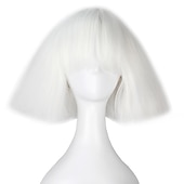baratos Perucas de festa-Peruca de Cosplay Peruca Sintética Peruca de Cosplay Lisa Cacheada Yaki Bob com Franjas Peruca Curta Branco Sintético Cabelo Branco Perucas de Halloween Femininas