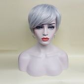 economico parrucca più vecchia-parrucche grigie per donna parrucca sintetica con frangetta parrucche corte argento parrucche da vecchia parrucche dall&#039;aspetto naturale