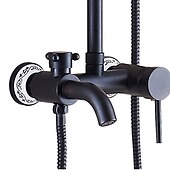 preiswerte Außenduscharmaturen-Duscharmatur, Duschsystem-Set, Messing-Regenfall, antikes, ölgeriebenes Bronze-Duschsystem, Keramikventil, zwei Griffe, drei Löcher, Bad-Dusche-Mischbatterien mit Heiß- und Kaltschalter