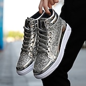 cheap Men&#039;s Sneakers-Men&#039;s Gold Glitter High Top Sneakers - Shiny Lace-Up Streetwear Shoes for Nightlife and Party Events