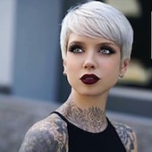abordables Pelucas naturales de malla-Mezcla de cabello humano Peluca Corta Recto Corte Pixie Peinados cortos 2020 Corte Recto Corto Parte lateral Hecho a Máquina Mujer Negro natural # 1B castaño medio Rubio fresa / Rubio Claro 8 pulgadas