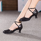 voordelige Ballroomschoenen &amp; moderne dansschoenen-Zilverkleurige glitterdansschoenen voor dames, met enkelbandjes en halfhoge hakken - ideaal voor salsa-, ballroom- en feestevenementen
