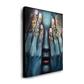 abordables Peintures portraits-peinture à l&#039;huile 100% fait main peint à la main art mural sur toile couvrant les yeux des gens bleu femmes visage abstrait moderne décoration de la maison décor roulé toile avec cadre tendu 40 * 60