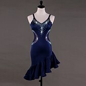 olcso Latin tánc ruházat-tánc salsa latin táncruha kristályok / strassz női előadás ujjatlan magas spandex