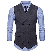 cheap Men&#039;s Vest-Men&#039;s Vest Waistcoat Business Wedding Party Active Smart Casual Spring Fall Polyester Plaid Double Breasted Shirt Collar Slim Brown Light Grey Dark Gray Vest
