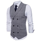 cheap Men&#039;s Vest-Men&#039;s Vest Waistcoat Business Wedding Party Active Smart Casual Spring Fall Polyester Plaid Double Breasted Shirt Collar Slim Brown Light Grey Dark Gray Vest