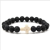 baratos jóias e colares e anéis masculinos-Homens 1pç Abotoaduras Pulseiras com Miçangas Pulseira boa sorte Aniversário Diário Cruz lateral Moda Natureza Preto
