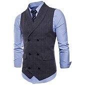 cheap Men&#039;s Vest-Men&#039;s Vest Waistcoat Business Wedding Party Active Smart Casual Spring Fall Polyester Plaid Double Breasted Shirt Collar Slim Brown Light Grey Dark Gray Vest