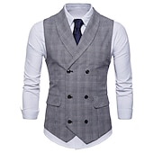 cheap Men&#039;s Vest-Men&#039;s Vest Waistcoat Business Wedding Party Active Smart Casual Spring Fall Polyester Plaid Double Breasted Shirt Collar Slim Brown Light Grey Dark Gray Vest
