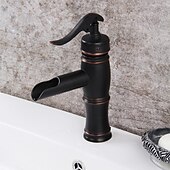 cheap Classical-Oil-rubbed Bronze Bathroom Sink Faucet,Black Waterfall Centerset Single Handle One Hole Bath Taps with Hot and Cold Water Switch