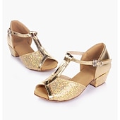 abordables Chaussures de danse enfants-chaussures de danse de salon à paillettes dorées pour filles – talons de danse latine à bride en T et semelle en daim pour performances et compétitions