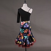 cheap Latin Dancewear-Dance Salsa Latin Dance Dress Pattern / Print Cascading Ruffles Women&#039;s Performance Half Sleeve Sleeveless Spandex Organza without Underpants