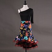 cheap Latin Dancewear-Dance Salsa Latin Dance Dress Pattern / Print Cascading Ruffles Women&#039;s Performance Half Sleeve Sleeveless Spandex Organza without Underpants