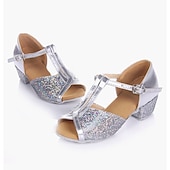 abordables Chaussures de danse enfants-chaussures de danse de salon à paillettes dorées pour filles – talons de danse latine à bride en T et semelle en daim pour performances et compétitions