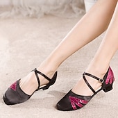 ieftine Pantofi Dans Clasic &amp; Modern-pantofi negri de dans latino pentru femei, cu accente de sclipici aurii – încălțăminte confortabilă de bal de sală și salsa cu toc scăzut