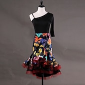 cheap Latin Dancewear-Dance Salsa Latin Dance Dress Pattern / Print Cascading Ruffles Women&#039;s Performance Half Sleeve Sleeveless Spandex Organza without Underpants