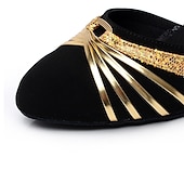 preiswerte Schuhe für Standardtanz und Modern Dance-Latein-Tanzschuhe für Damen – schwarze Wildleder-Ballsaal-Absätze mit goldenen Riemen, Knöchelriemen und Wildledersohle für Salsa, Tango und Performance