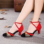 preiswerte Schuhe für Standardtanz und Modern Dance-Latein-Tanzschuhe für Damen – schwarze Wildleder-Ballsaal-Absätze mit goldenen Riemen, Knöchelriemen und Wildledersohle für Salsa, Tango und Performance