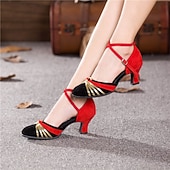 preiswerte Schuhe für Standardtanz und Modern Dance-Latein-Tanzschuhe für Damen – schwarze Wildleder-Ballsaal-Absätze mit goldenen Riemen, Knöchelriemen und Wildledersohle für Salsa, Tango und Performance