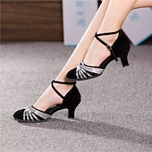 preiswerte Schuhe für Standardtanz und Modern Dance-Latein-Tanzschuhe für Damen – schwarze Wildleder-Ballsaal-Absätze mit goldenen Riemen, Knöchelriemen und Wildledersohle für Salsa, Tango und Performance