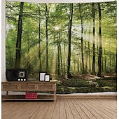 baratos Tapeçaria da Floresta-l.t.home natureza tapeçaria de parede arte decoração cobertor cortina piquenique toalha de mesa pendurado casa quarto sala de estar dormitório decoração floresta paisagem sol através da árvore