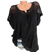baratos Blusas e Camisas-Mulheres Camisa Social Blusa Tops de ilhas brancas Preto Branco Vermelho Côr Sólida Tecido Renda Meia Manga Casual Diário Vintage Básico Elegante Decote V Padrão S