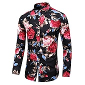 voordelige Plantenpatroon-Voor heren Bloemig Overhemd Overhemd met knopen Lange mouw Vintage Ontwerper Basic Dagelijks Feestdagen Lente &amp; Herfst Kraag Afdrukken Zwart Rood blauw