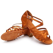ieftine Pantofi Dans Copii-pantofi de dans latino din satin pentru fete cu toc jos și design cu curele încrucișate - perfecti pentru dansul de sală și salsa