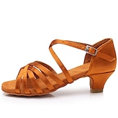ieftine Pantofi Dans Copii-pantofi de dans latino din satin pentru fete cu toc jos și design cu curele încrucișate - perfecti pentru dansul de sală și salsa
