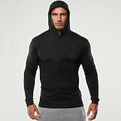 cheap Men&#039;s Tracksuit &amp; Hoodie-Men&#039;s Workout Shirt Running Shirt Long Sleeve Top Spring Hooded Spandex Breathable Quick Dry Soft Gym Workout Running Sportswear Activewear Solid Colored Black White Dark Navy