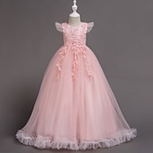 preiswerte Partykleider-Kinder Mädchen bestickte Blumen Kleid Party Hochzeit Urlaub Pailletten Mesh grün blau lila Baumwolle Maxi Kurzarm elegant Prinzessin süß Kleider Sommer Regular Fit 4-13 Jahre