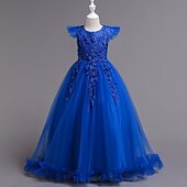 preiswerte Partykleider-Kinder Mädchen bestickte Blumen Kleid Party Hochzeit Urlaub Pailletten Mesh grün blau lila Baumwolle Maxi Kurzarm elegant Prinzessin süß Kleider Sommer Regular Fit 4-13 Jahre