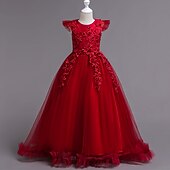 preiswerte Partykleider-Kinder Mädchen bestickte Blumen Kleid Party Hochzeit Urlaub Pailletten Mesh grün blau lila Baumwolle Maxi Kurzarm elegant Prinzessin süß Kleider Sommer Regular Fit 4-13 Jahre