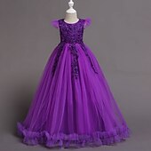 preiswerte Partykleider-Kinder Mädchen bestickte Blumen Kleid Party Hochzeit Urlaub Pailletten Mesh grün blau lila Baumwolle Maxi Kurzarm elegant Prinzessin süß Kleider Sommer Regular Fit 4-13 Jahre