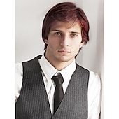 baratos Perucas capless de cabelo natural-Mistura do cabelo humano Peruca Curto Encaracolado Penteados Curtos 2020 Com Franjas Encaracolado Parte lateral Sem Touca Homens Loira Bege / Loira Descolorida Ruivo Claro Borgonha escura 8 polegadas