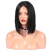 voordelige Pruiken van echt haar, met kanten voorzijde-Echt haar 4x13 Sluiting Pruik Bobkapsel Kardashian Recht Pruik 130% Haardichtheid met babyhaar Natuurlijke haarlijn Voor donkere huidskleur Voor Dames Kort Kanten pruiken van echt mensenhaar